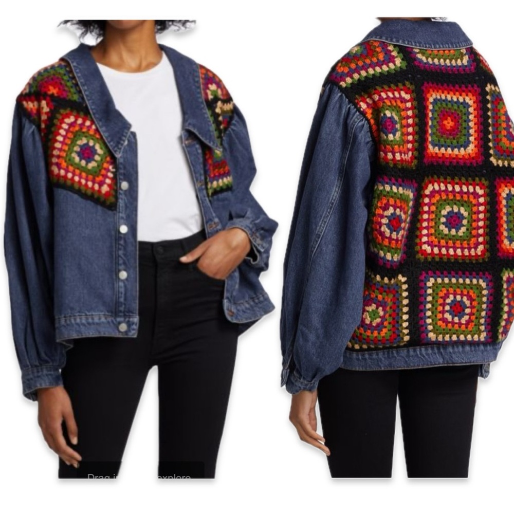 FARM RIO Crochet Embroidered Denim Jacket granny square‎ medium black new med